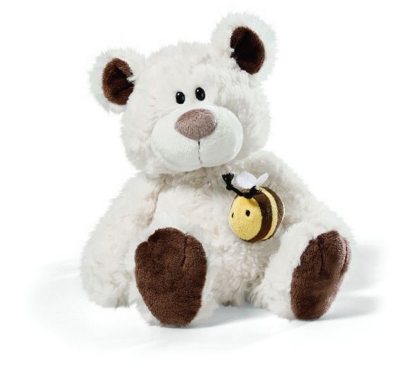 "classic big creamy white teddy bear" has a cute bumble bee